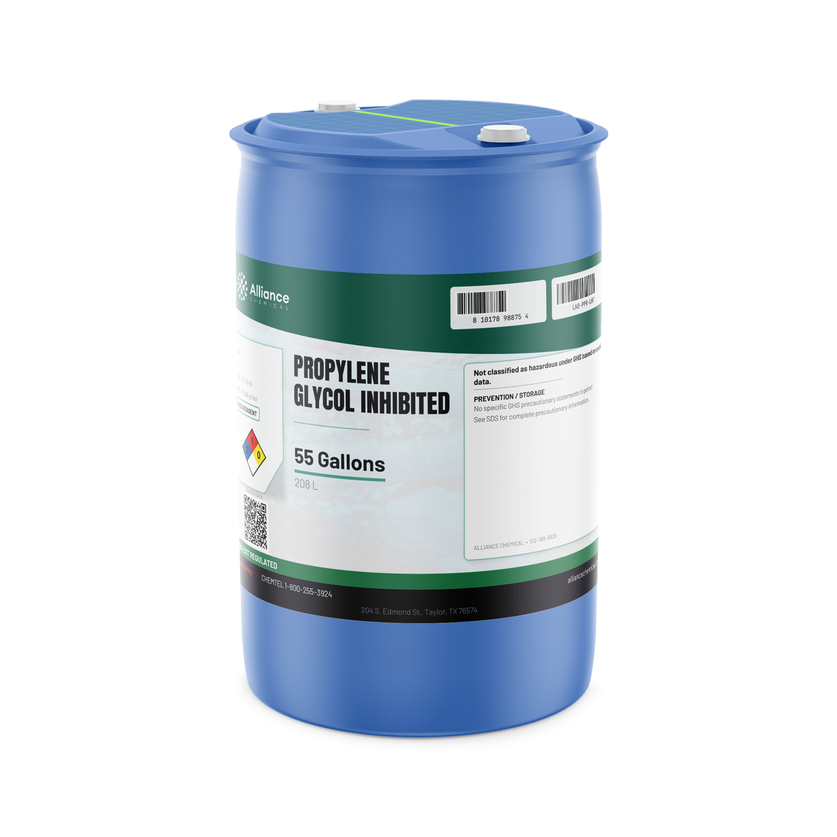 Propylene Glycol Inhibited ACS Grade in a 55-gallon blue plastic drum, Alliance Chemical