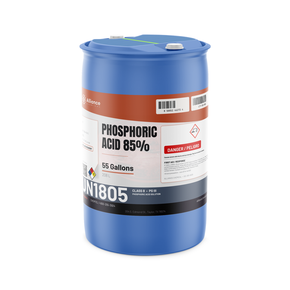 Phosphoric Acid 85% ACS Grade in a 55-gallon drum from Alliance Chemical for rust conversion and metal surface treatment