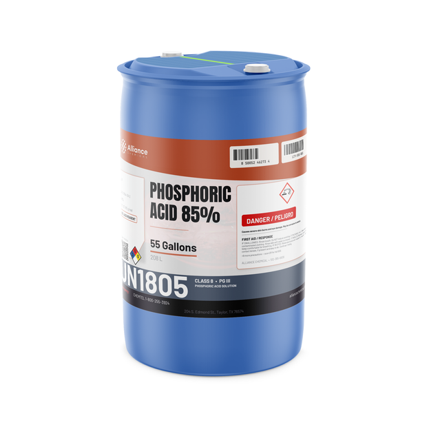 Phosphoric Acid 85% ACS Grade in a 55-gallon drum from Alliance Chemical for rust conversion and metal surface treatment