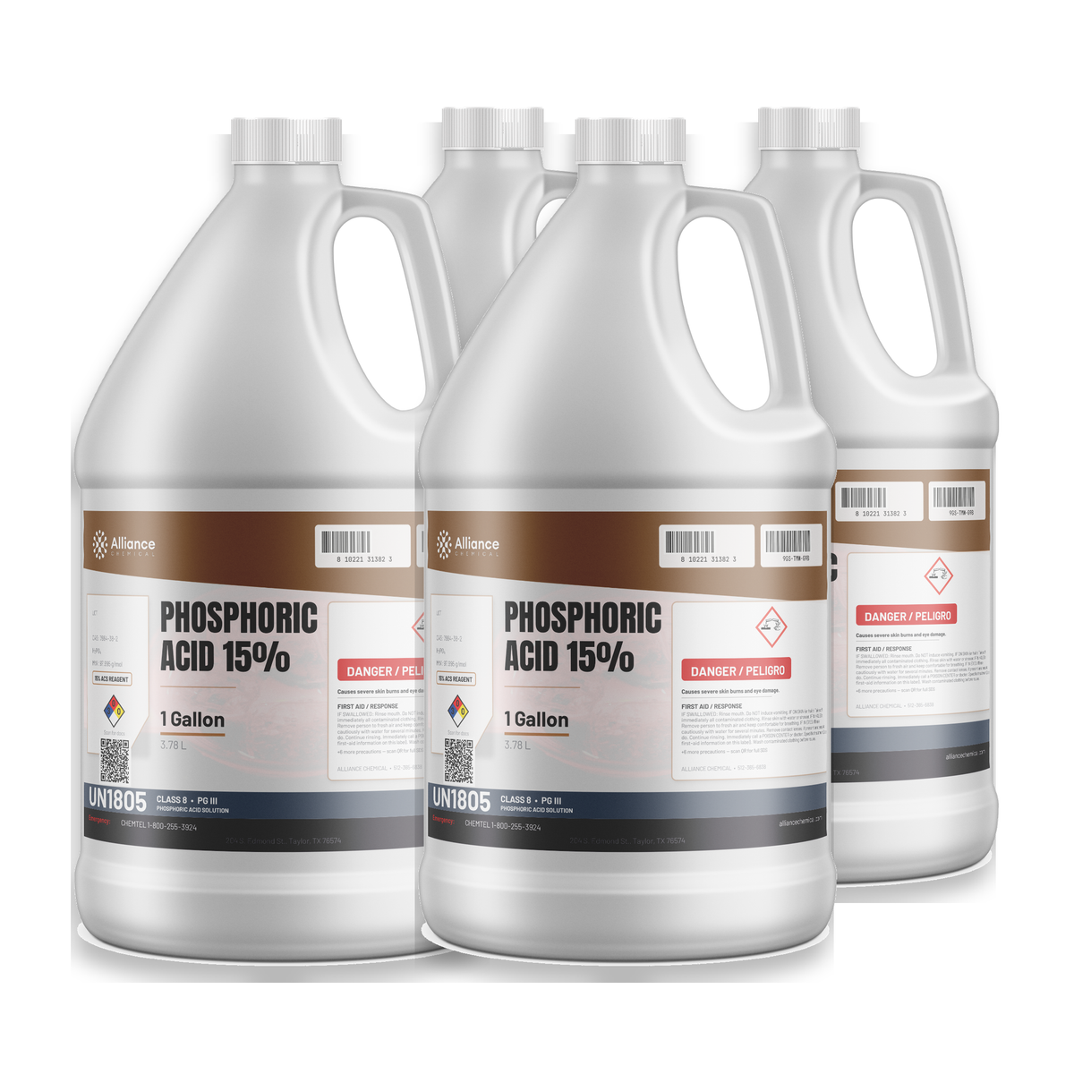 Phosphoric Acid 15% ACS Reagent Grade, case of four 1-gallon jugs, Alliance Chemical