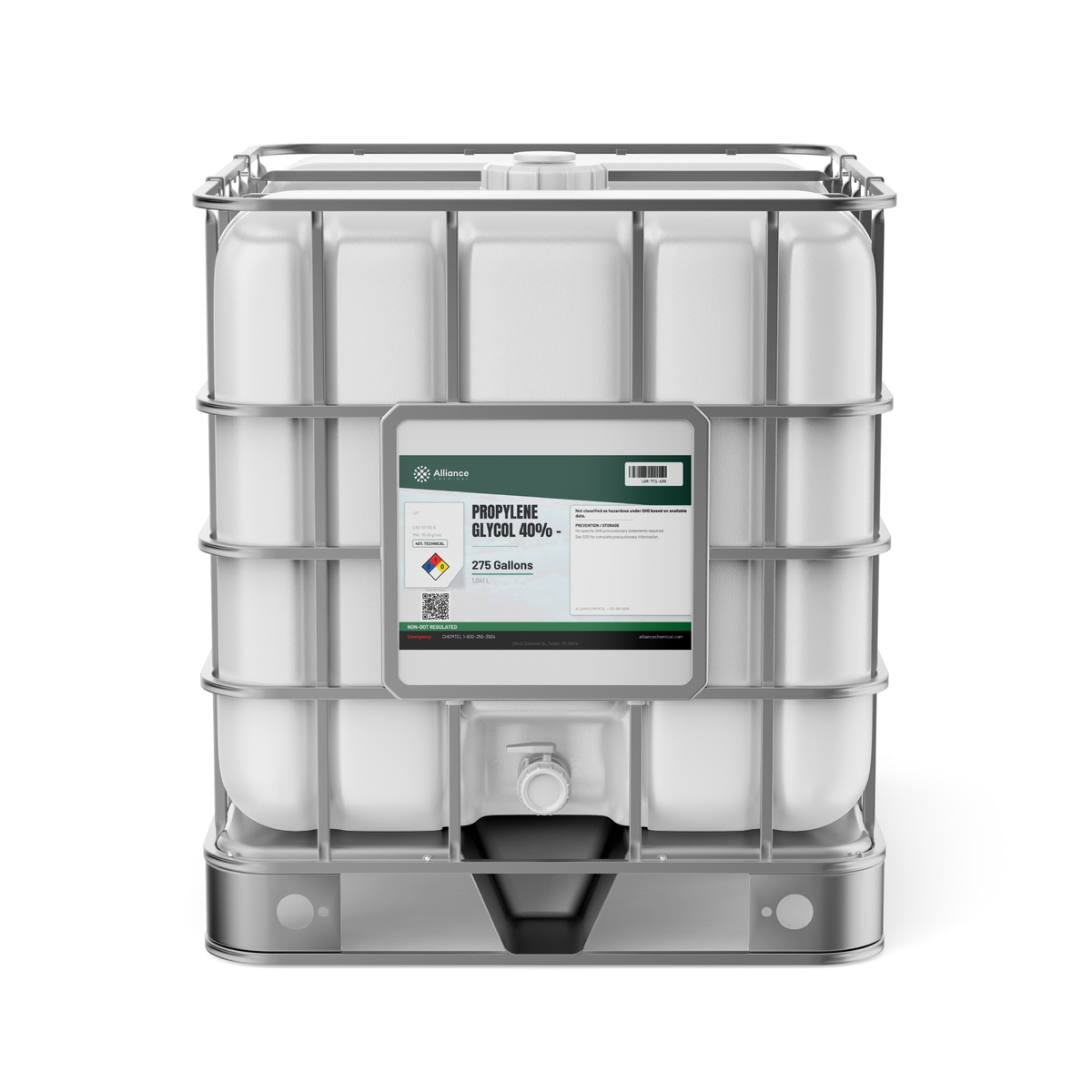 Propylene Glycol 40% Technical Grade in a 275-gallon IBC tote from Alliance Chemical for heat-transfer systems