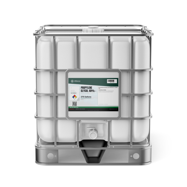 Propylene Glycol 40% Technical Grade in a 275-gallon IBC tote from Alliance Chemical for heat-transfer systems