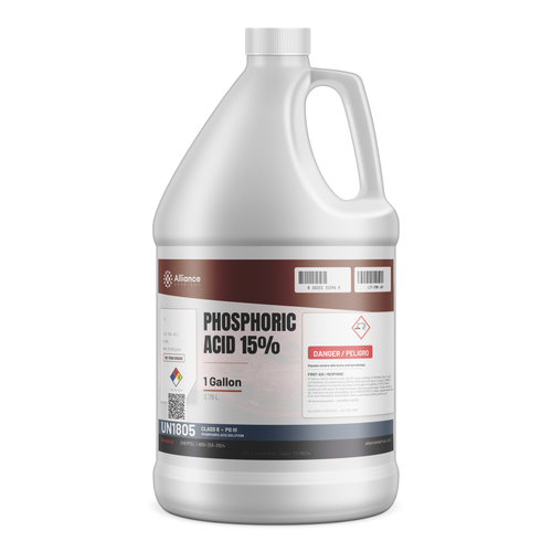 Phosphoric Acid 15% Food Grade solution in a 1-gallon white plastic jug, Alliance Chemical