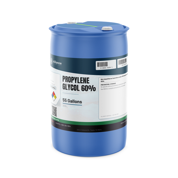 Propylene Glycol 60% Technical Grade in a blue plastic 55-gallon drum, Alliance Chemical