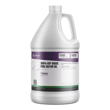 100% USP grade pure castor oil in a 1-gallon white plastic jug, Alliance Chemical