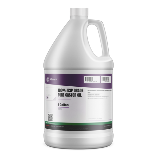 100% USP grade pure castor oil in a 1-gallon white plastic jug, Alliance Chemical