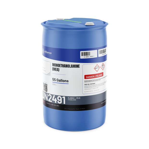 Monoethanolamine Technical Grade in a blue 55-gallon drum by Alliance Chemical for acid gas scrubbing