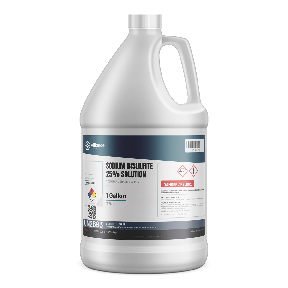 Sodium bisulfite 25% solution technical grade in a 1-gallon plastic jug, Alliance Chemical