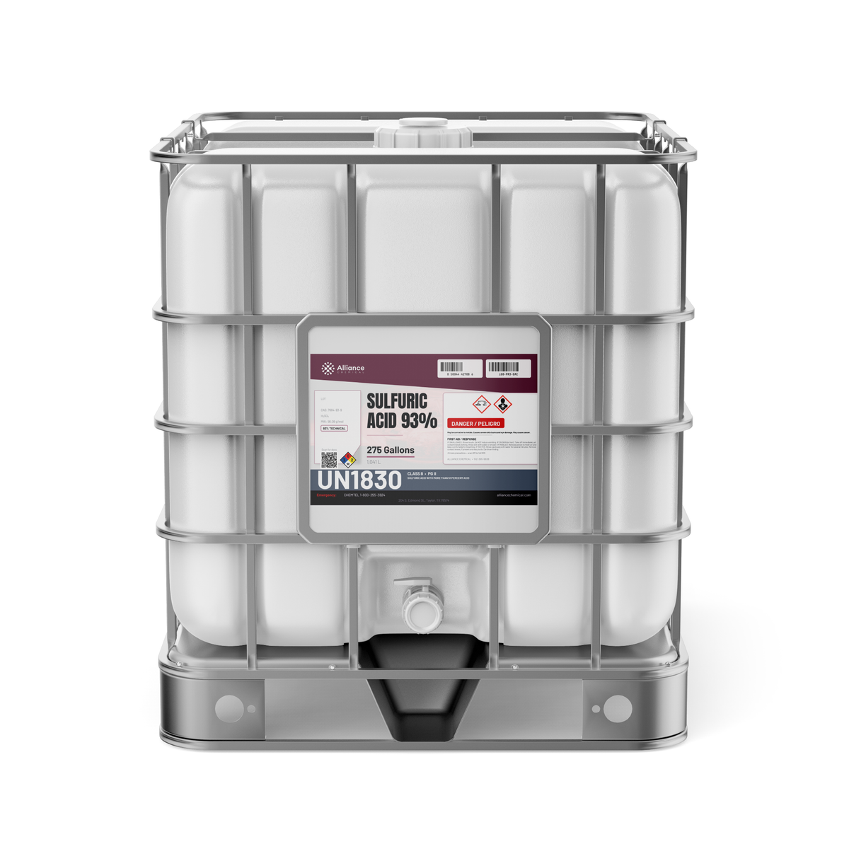 Sulfuric Acid 93% Technical Grade in a 275-gallon IBC tote from Alliance Chemical for wastewater neutralization
