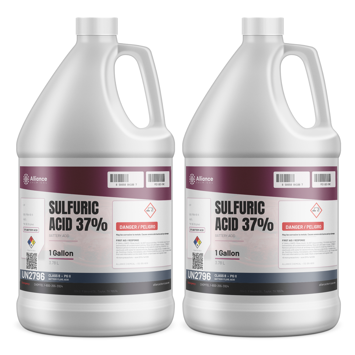 Sulfuric Acid 37% battery acid in two 1-gallon plastic jugs from Alliance Chemical for industrial battery maintenance