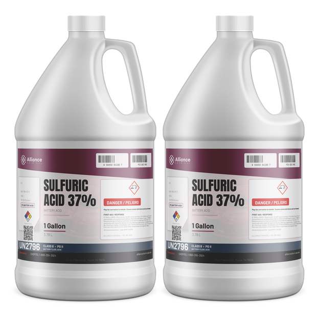 Sulfuric Acid 37% battery acid in two 1-gallon plastic jugs from Alliance Chemical for industrial battery maintenance