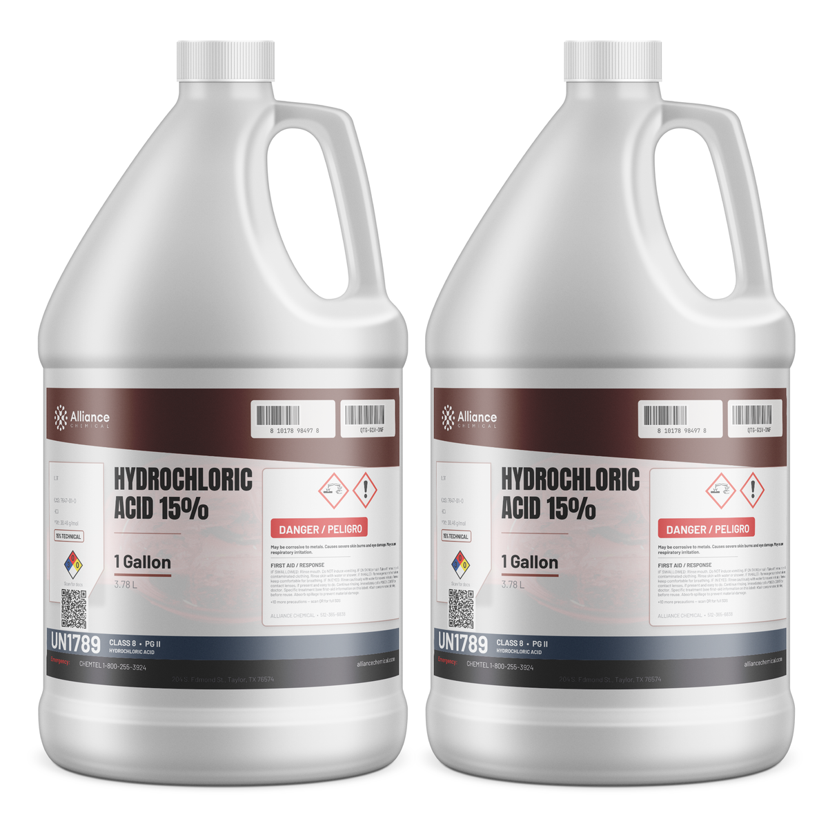 Hydrochloric Acid 15% Technical Grade in two 1-gallon jugs from Alliance Chemical for metal pickling and concrete etching