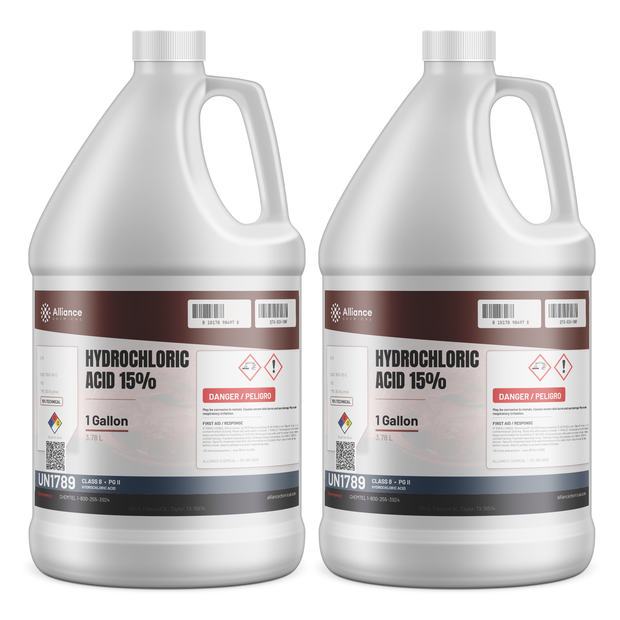 Hydrochloric Acid 15% Technical Grade in two 1-gallon jugs from Alliance Chemical for metal pickling and concrete etching