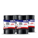 Technical grade n-butyl alcohol in four 55-gallon steel drums from Alliance Chemical for industrial solvent synthesis