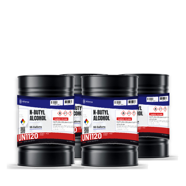 Technical grade n-butyl alcohol in four 55-gallon steel drums from Alliance Chemical for industrial solvent synthesis