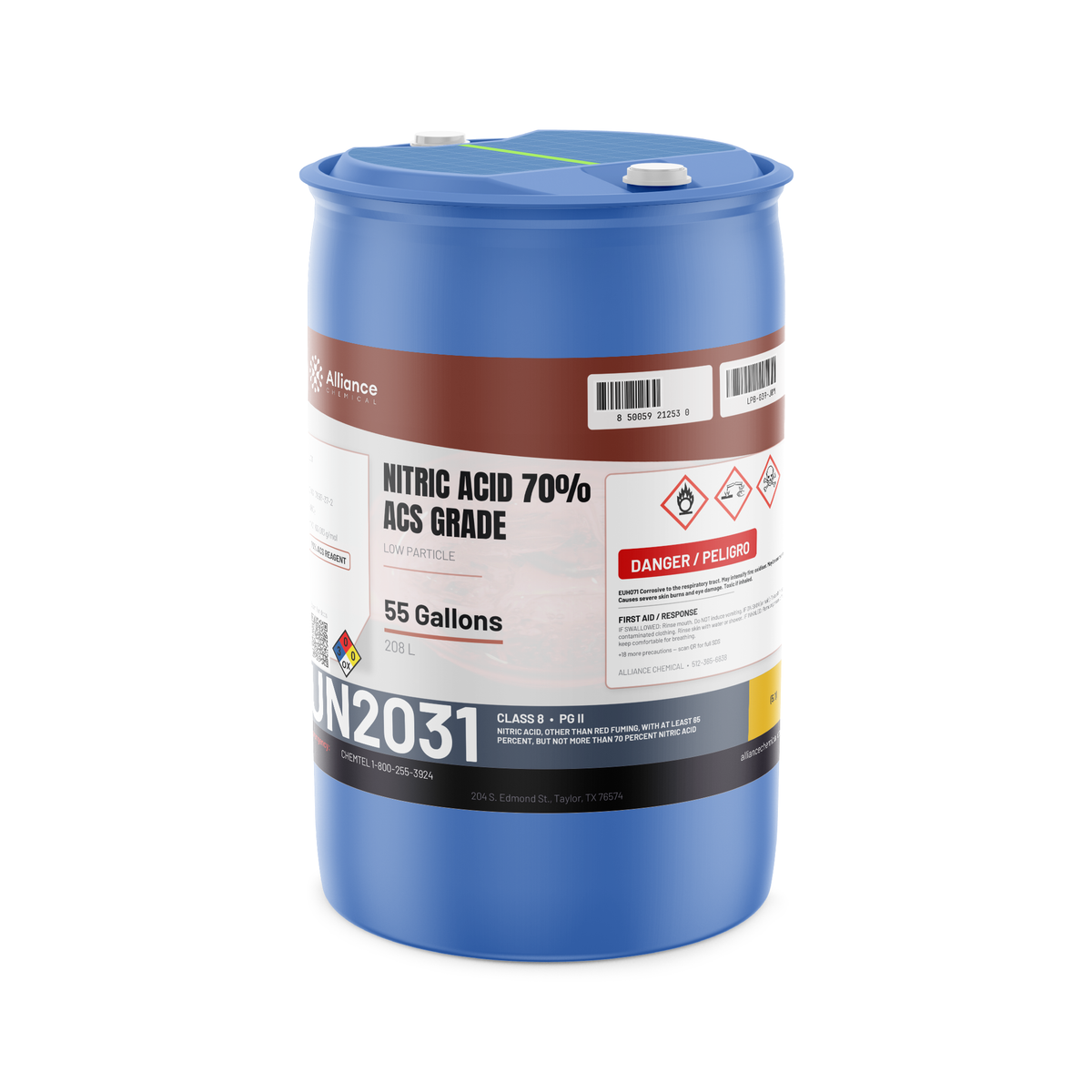 Nitric Acid 70% ACS Grade in a blue 55-gallon drum for stainless steel passivation, Alliance Chemical