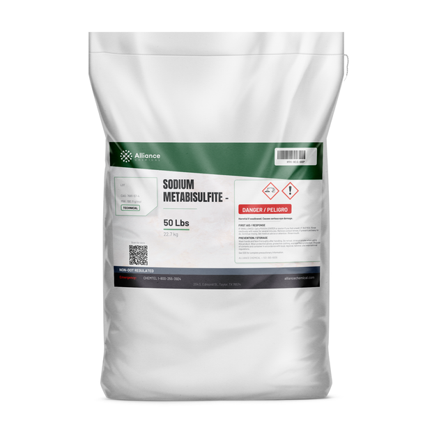 Sodium Metabisulfite Technical Grade 50-pound bag for industrial water treatment from Alliance Chemical