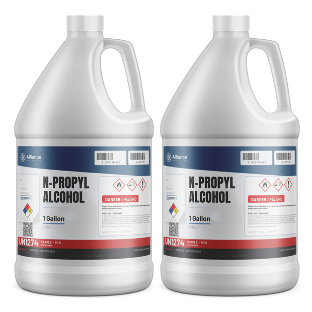 N-Propyl Alcohol ACS Reagent Grade in two 1-gallon plastic jugs, Alliance Chemical for analytical chemistry and reagent preparation