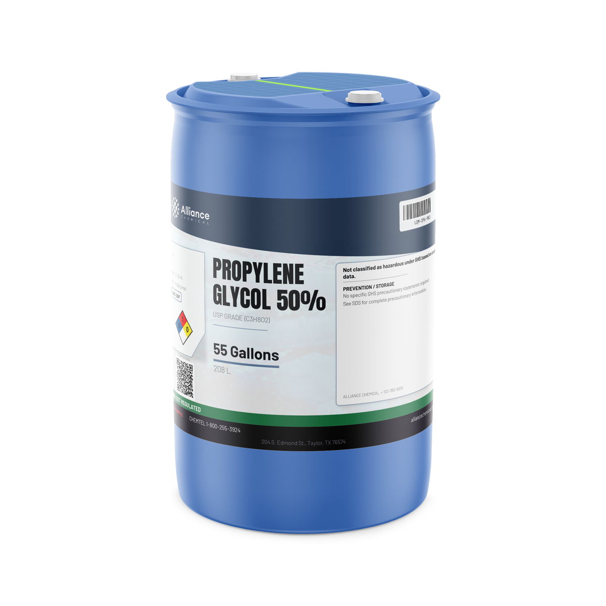 Propylene Glycol 50% USP Grade in a blue 55-gallon plastic drum from Alliance Chemical