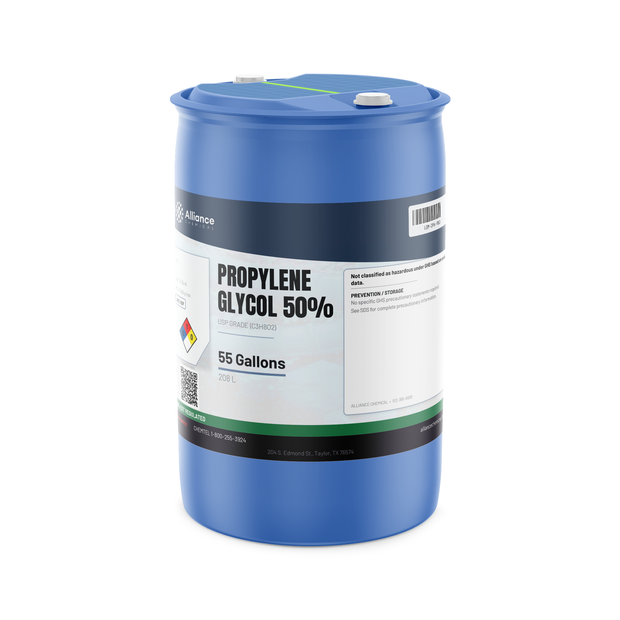 Propylene Glycol 50% USP Grade in a blue 55-gallon plastic drum from Alliance Chemical