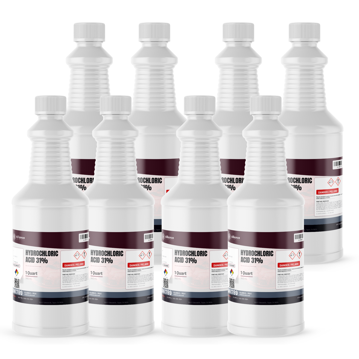Hydrochloric Acid 31% ACS Grade in eight 1-quart plastic bottles by Alliance Chemical