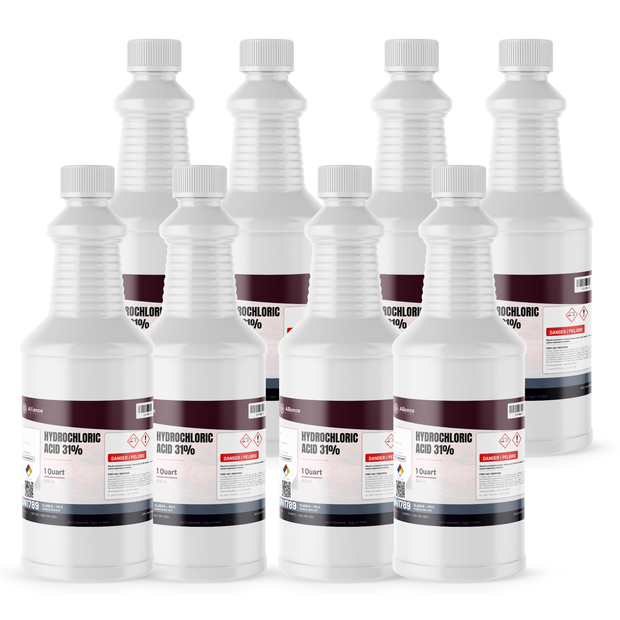 Hydrochloric Acid 31% ACS Grade in eight 1-quart plastic bottles by Alliance Chemical