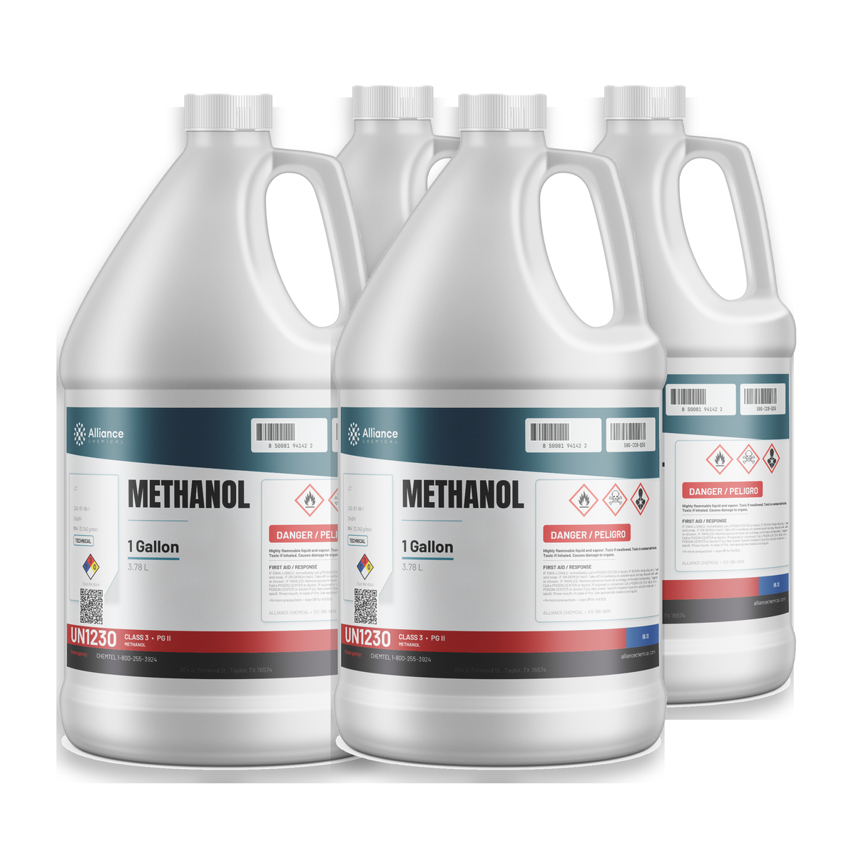 Methanol Technical Grade four 1-gallon plastic jugs case for fuel system drying and chemical synthesis, Alliance Chemical