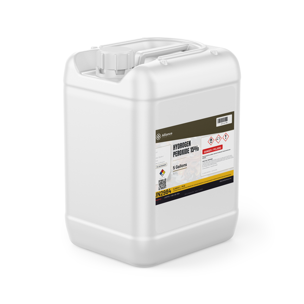 Hydrogen Peroxide 15% ACS Grade in a white 5-gallon plastic jerry can, Alliance Chemical