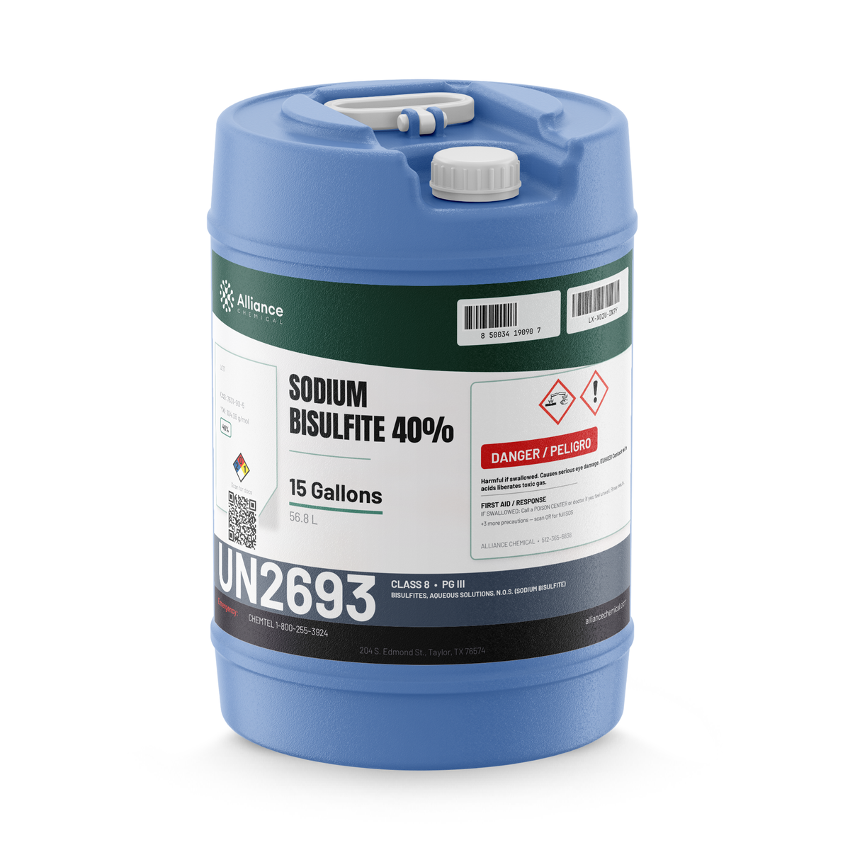 Sodium Bisulfite 40% Technical Grade in a blue 15-gallon carboy, Alliance Chemical for wastewater dechlorination