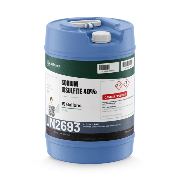 Sodium Bisulfite 40% Technical Grade in a blue 15-gallon carboy, Alliance Chemical for wastewater dechlorination