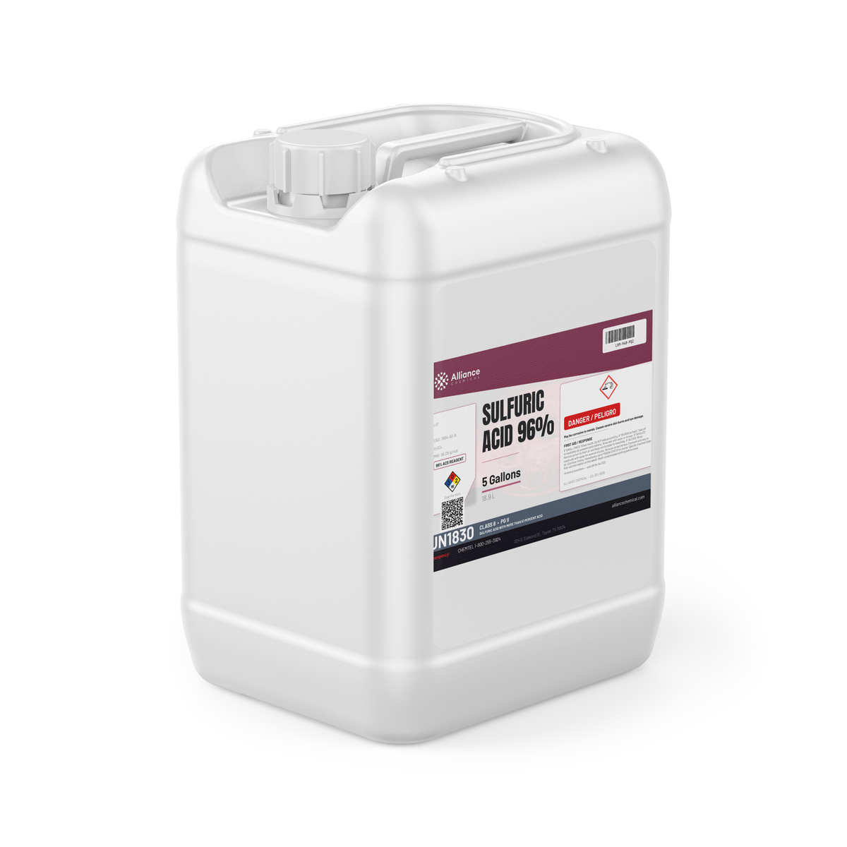 Sulfuric Acid 96% ACS Grade in a 5-gallon jerry can from Alliance Chemical for steel pickling and chemical synthesis