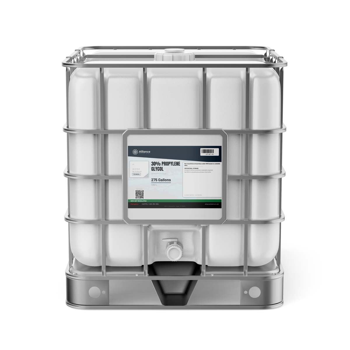 30% Propylene Glycol Technical Grade in a 275-gallon IBC tote for HVAC hydronic loops, Alliance Chemical