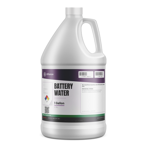 Battery Water technical grade deionized water in a 1-gallon plastic jug for lead-acid battery maintenance, Alliance Chemical