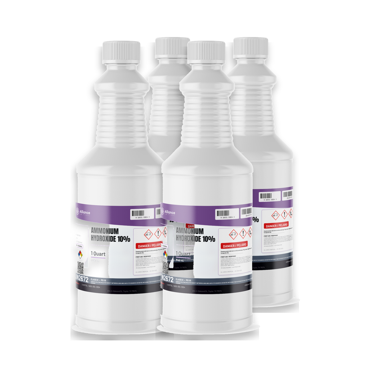 Ammonium Hydroxide 10% Technical Grade in four 1-quart plastic bottles, Alliance Chemical