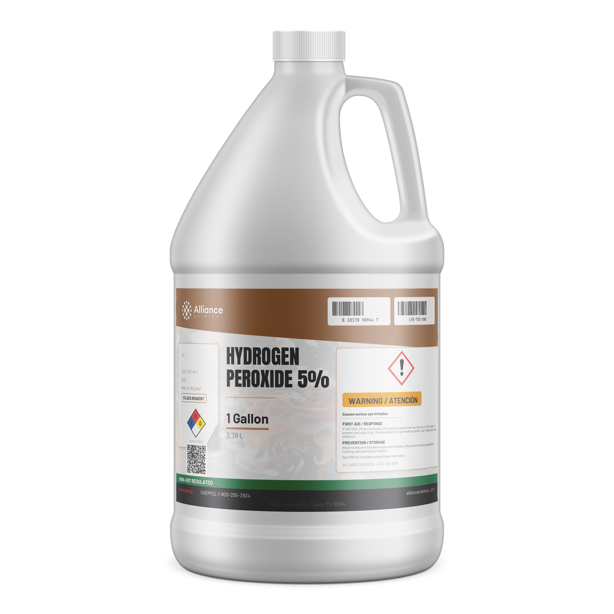Hydrogen peroxide 5% ACS reagent grade in a 1-gallon plastic jug, Alliance Chemical