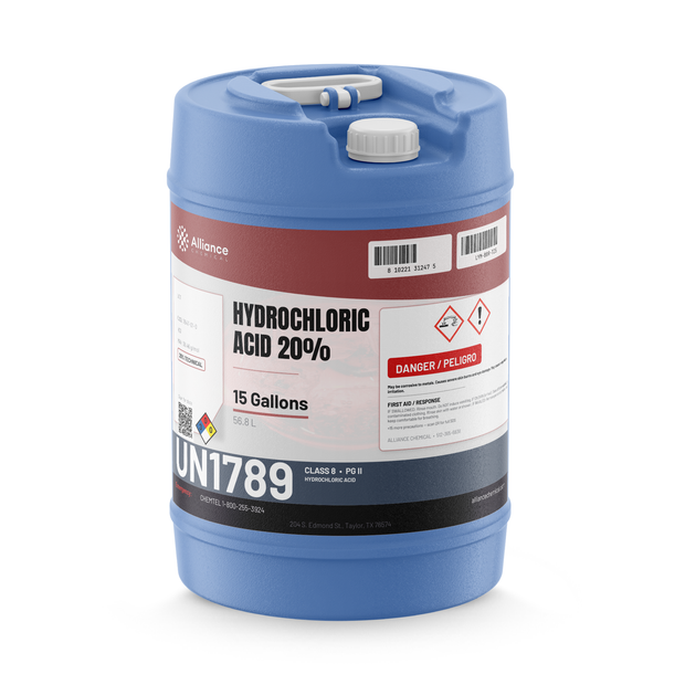 Hydrochloric Acid 20% Technical Grade in a blue 15-gallon carboy, Alliance Chemical