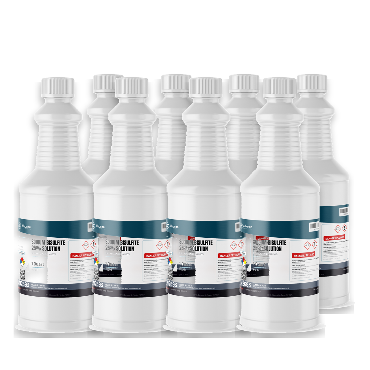 Sodium Bisulfite 25% Technical Grade in eight 1-quart plastic bottles, Alliance Chemical