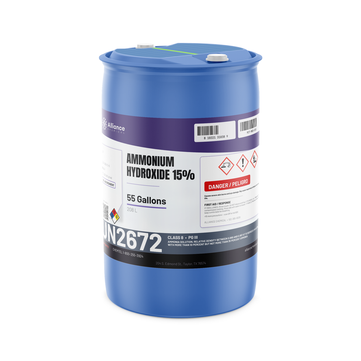 Ammonium Hydroxide 15% ACS Reagent Grade in a 55-gallon blue plastic drum, Alliance Chemical