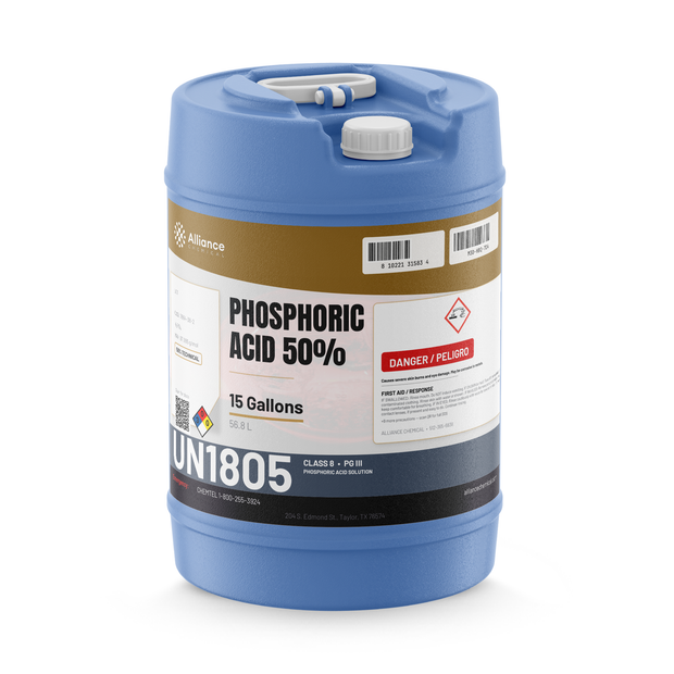 Phosphoric Acid 50% Technical Grade in a blue 15-gallon carboy for metal finishing, Alliance Chemical