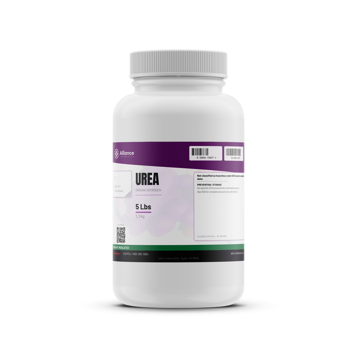 Urea Technical Grade organic nitrogen pellets in a 5 lb white plastic bottle, Alliance Chemical