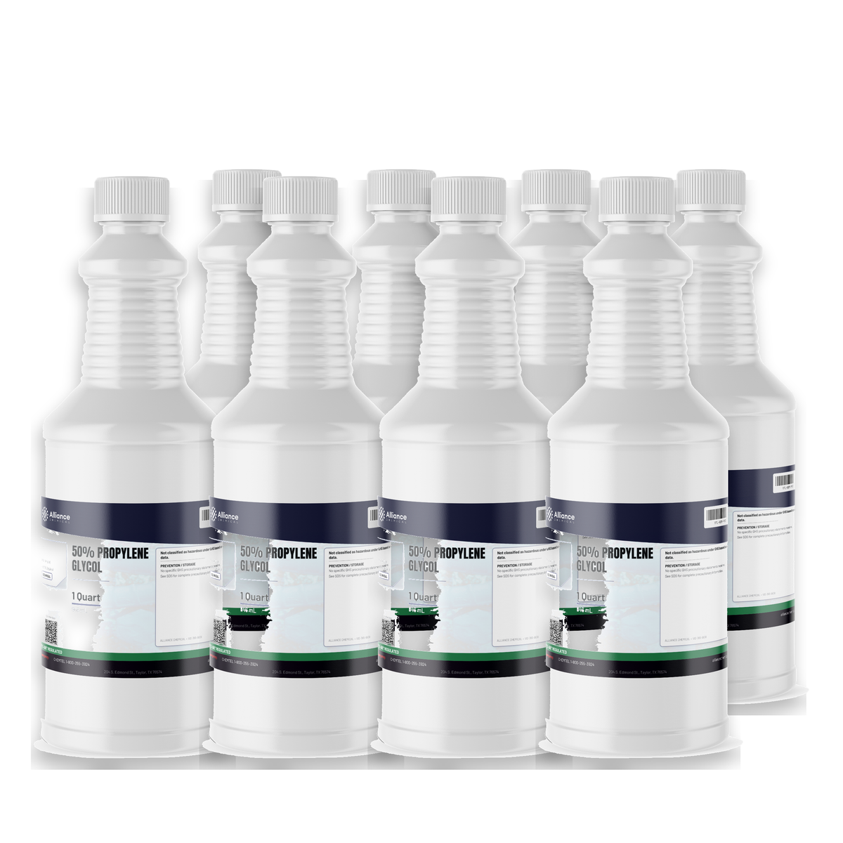 50% Propylene Glycol Technical Grade in eight 1-quart plastic bottles from Alliance Chemical for closed-loop heat transfer systems