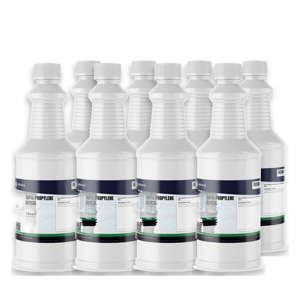 50% Propylene Glycol Technical Grade in eight 1-quart plastic bottles from Alliance Chemical for closed-loop heat transfer systems