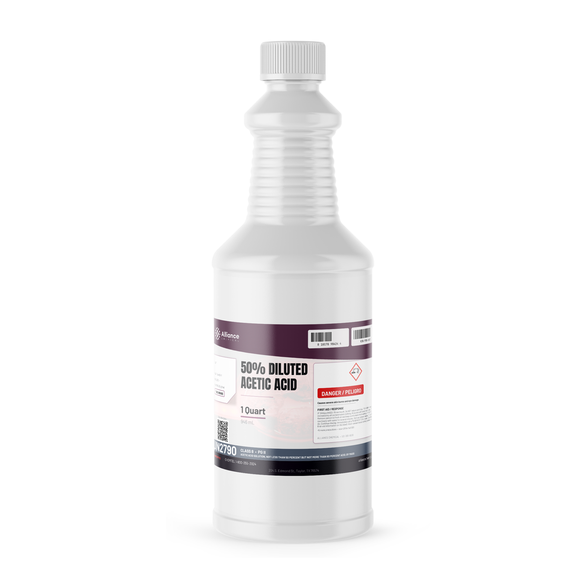 50% Diluted Acetic Acid Food Grade in a 1-quart white plastic bottle, Alliance Chemical