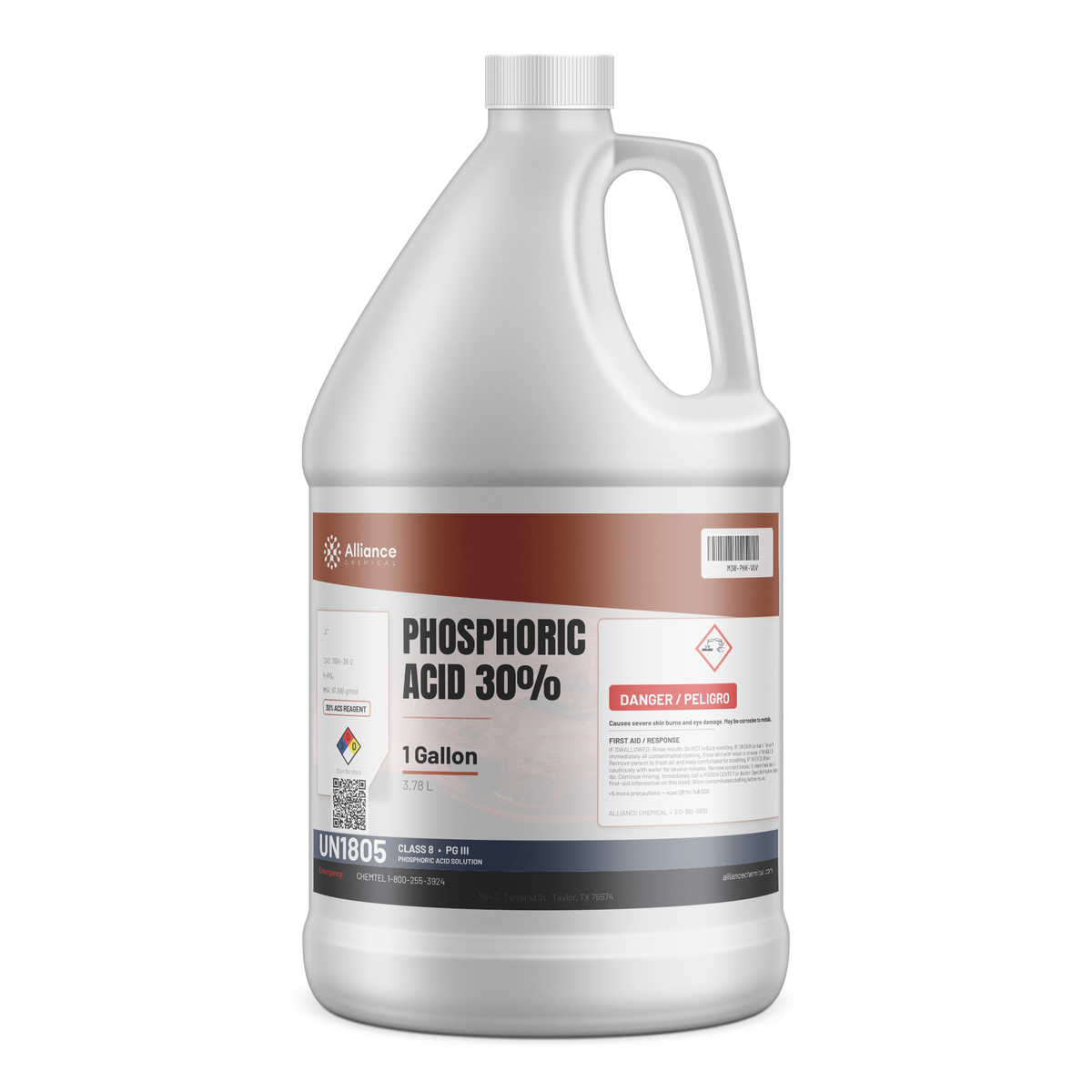Phosphoric Acid 30% ACS Reagent Grade in a 1-gallon translucent plastic jug, Alliance Chemical