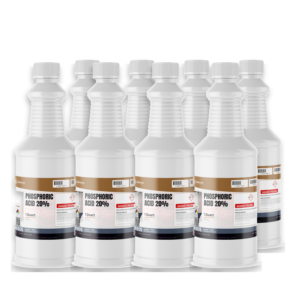 Phosphoric Acid 20% Food Grade in eight 1-quart plastic bottles for food processing, Alliance Chemical