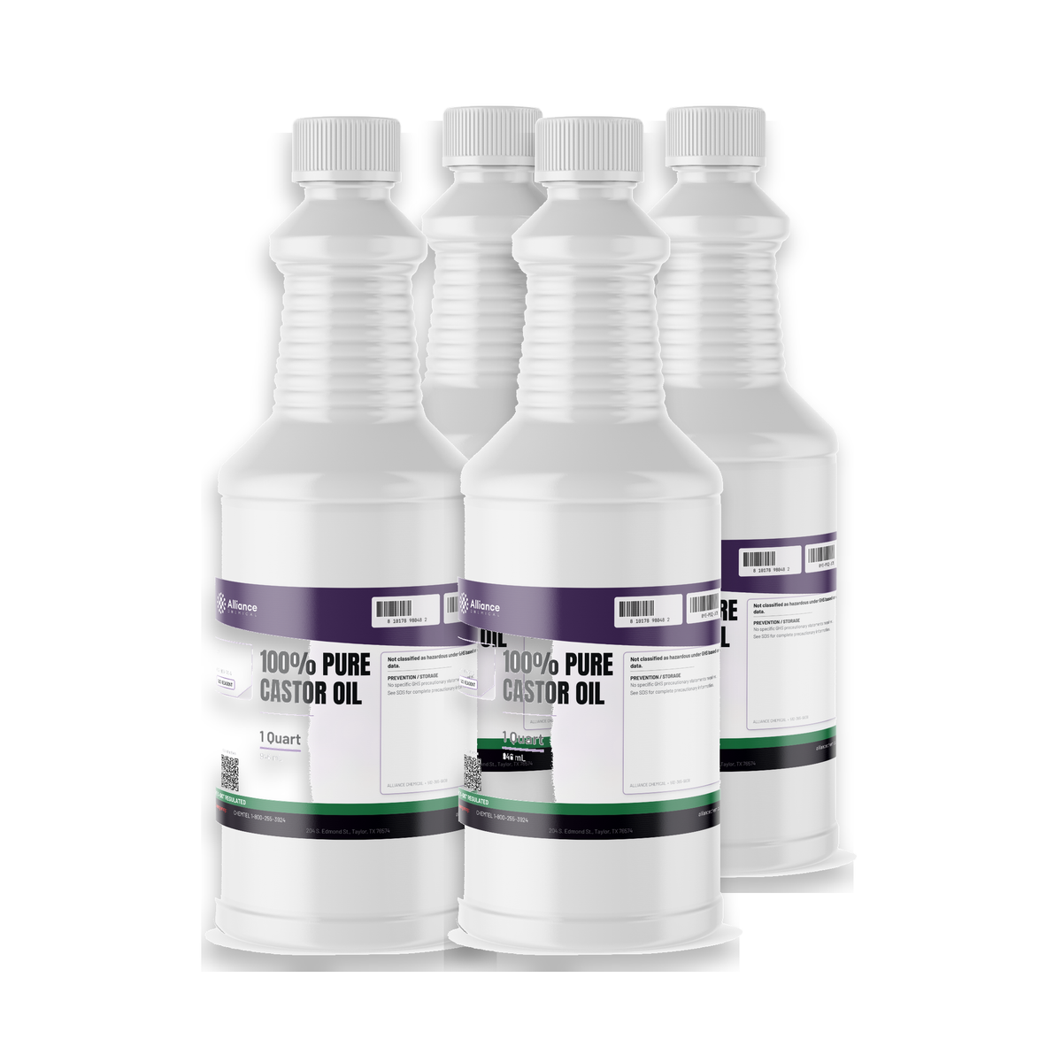 100% Pure Castor Oil ACS Grade in four 1-quart plastic bottles from Alliance Chemical