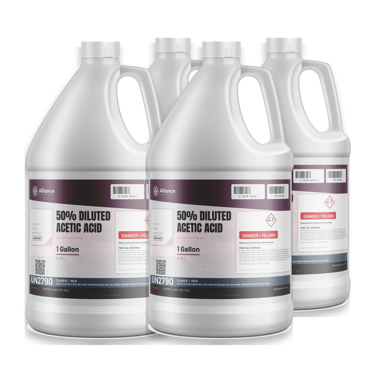 50% Diluted Acetic Acid Food Grade in four 1-gallon plastic jugs for wastewater pH adjustment, Alliance Chemical