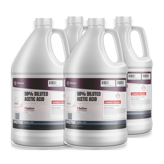 50% Diluted Acetic Acid Food Grade in four 1-gallon plastic jugs for wastewater pH adjustment, Alliance Chemical