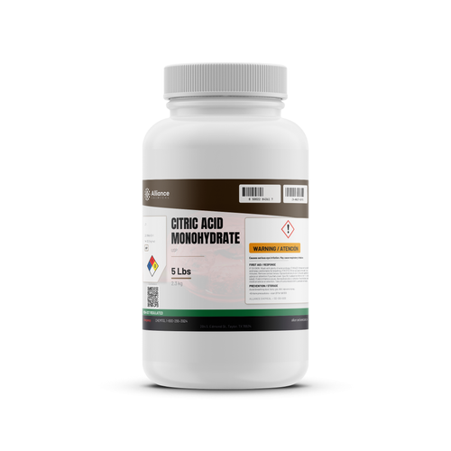 Citric acid monohydrate USP food grade in a 5-lb white plastic bottle from Alliance Chemical