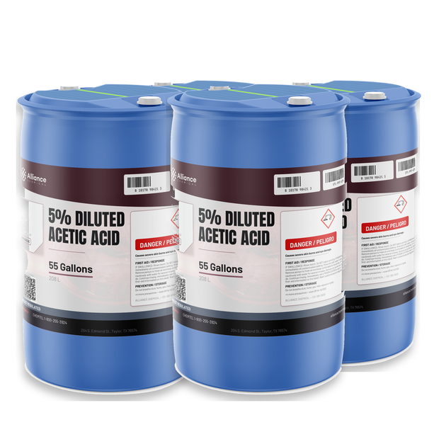 5% Acetic Acid Food Grade in four blue 55-gallon drums, Alliance Chemical for pH adjustment and preservation